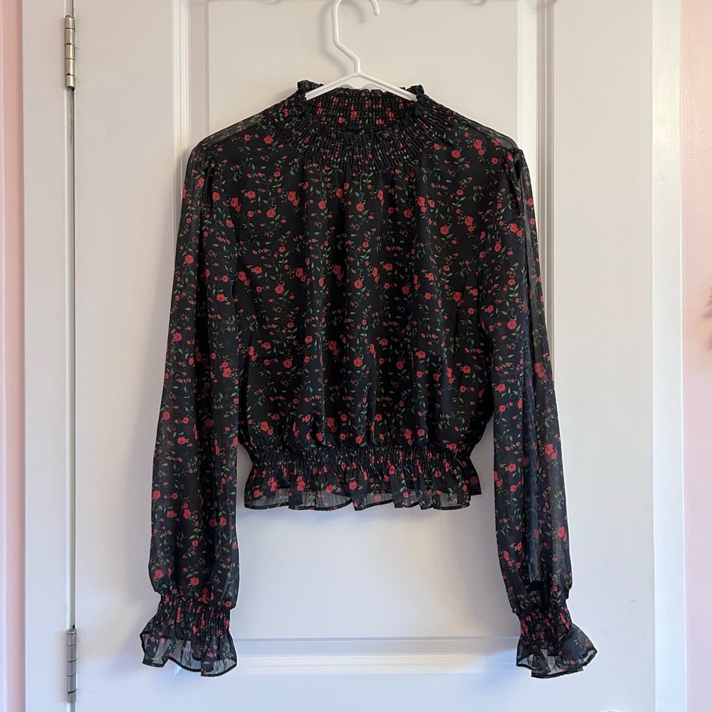 forever 21 rose lettuce trim cinched blouse